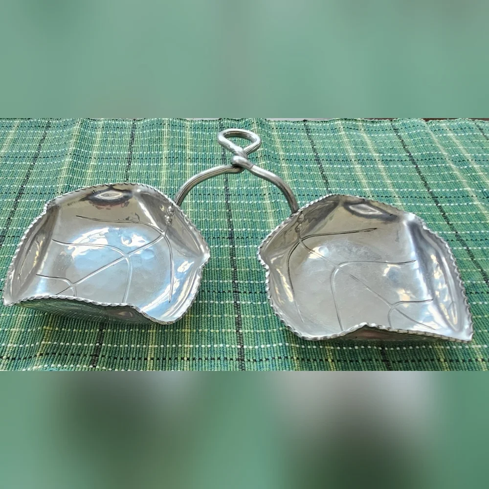 Mid-Century Hammered Aluminum Dual Leaf-Shaped Dish